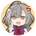  1girl :d ahoge assault_lily bangs blush bow bowtie chibi circle commentary_request crossed_fingers grey_hair hair_between_eyes hand_up herensuge_girls_academy_school_uniform jacket long_hair long_sleeves looking_at_viewer lowres masaki_itsuki multicolored_hair no_pupils open_mouth orange_background pink_bow pink_bowtie portrait round_image sasaki_ran school_uniform sign_language simple_background smile solo streaked_hair translated white_jacket wide_sleeves yellow_eyes 