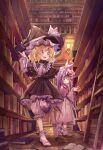  2girls absurdres age_regression black_dress black_headwear blonde_hair bloomers book child dress hat hat_ribbon hayashida_chiyo highres kirisame_marisa ladder lamp library long_sleeves medium_hair mob_cap multiple_girls patchouli_knowledge purple_dress purple_hair ribbon short_hair touhou underwear younger 