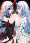  2girls absurdres azur_lane bare_shoulders black_background black_dress black_vs_white breast_press breasts chromatic_aberration cleavage detached_collar detached_sleeves dress dual_persona emden_(azur_lane) flower flower_in_eye hair_between_eyes highres kaki_z3 large_breasts long_hair looking_at_viewer multiple_girls padlocked_collar red_flower red_rose rose symbol_in_eye symmetrical_docking very_long_hair white_dress white_flower white_hair white_rose 