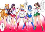  5girls ;) ;d aino_minako arm_up bangs bishoujo_senshi_sailor_moon blonde_hair blue_footwear blue_hair blue_sailor_collar boots bow brooch choker closed_mouth commentary_request double_bun elbow_gloves gloves green_footwear hair_bobbles hair_bow hair_bun hair_ornament hand_on_hip happy heart heart_brooch heart_choker high_heels high_ponytail hino_rei index_finger_raised inner_senshi jewelry kino_makoto leotard long_hair looking_at_viewer magical_girl miniskirt mizuno_ami multicolored_clothes multicolored_skirt multiple_girls one_eye_closed orange_footwear parted_bangs pleated_skirt pointing pointing_at_viewer red_bow red_footwear sailor_collar sailor_jupiter sailor_mars sailor_mercury sailor_moon sailor_senshi_uniform sailor_venus short_hair skirt smile standing super_sailor_jupiter super_sailor_mars super_sailor_mercury super_sailor_moon super_sailor_venus translation_request tsukino_usagi twintails very_long_hair warabimochii white_gloves white_leotard yellow_choker 