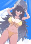  1girl @_@ alternate_breast_size bangs bikini black_hair blush breasts cleavage cloud collarbone commentary_request day from_below grey_eyes hair_between_eyes hairband hex_maniac_(pokemon) highres holding large_breasts long_hair looking_at_viewer messy_hair open_mouth outdoors perapera pokemon pokemon_(game) pokemon_xy purple_hairband sky smile solo swimsuit yellow_bikini 