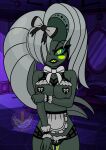  blush clothed clothing demon detailed_background fangs female genitals glowing glowing_eyes green_eyes grey_body grey_hair hair hazbin_hotel helsa_von_eldritch hi_res humanoid looking_at_viewer maid_uniform metalbelphegor open_mouth partially_clothed pussy solo uniform 