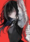  1girl arm_up bangs black_hair black_ribbon black_vest blood chainsaw_man hasunokaeru highres long_hair long_sleeves looking_at_viewer mitaka_asa neck_ribbon parted_lips red_background red_eyes ribbon ringed_eyes scar scar_on_face shirt simple_background smile solo spine upper_body vest war_devil_(chainsaw_man) white_shirt 
