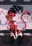  anthro blitzo_(helluva_boss) breasts claws clothed clothing crossgender demon detailed_background fangs female helluva_boss hi_res horn imp kneeling looking_at_viewer metalbelphegor multicolored_body nipples open_mouth open_smile partially_clothed red_eyes smile solo teeth thick_thighs two_tone_body white_body 