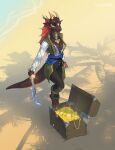  anthro barefoot beach blue_eyes brown_body brown_scales claws coin diamond_(marking) dragon feet female gold_(metal) gold_coin gronnulv hi_res horn markings melee_weapon pirate pirate_outfit sand scales sea seaside small_chest solo standing sword treasure treasure_chest water weapon white_claws white_horn 