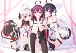  3girls absurdres ahoge all_fours angel angel_wings arm_strap arm_support asymmetrical_legwear bangs bare_shoulders black_hair black_ribbon black_skirt blush bra breasts brown_socks brown_thighhighs cleavage closed_mouth crossed_bangs demon_girl demon_tail demon_wings dress frilled_skirt frills hair_between_eyes hair_ribbon halo hand_on_another&#039;s_shoulder high-waist_skirt highres kneehighs kneeling knees_up long_hair looking_at_viewer medium_breasts multiple_girls nail_polish no_shoes nyan_(reinyan_007) open_mouth original pink_nails purple_eyes red_eyes red_hair ribbon shirt short_hair single_kneehigh single_sock sitting skirt smile socks tail tail_around_leg thigh_strap thighhighs twintails two_side_up underwear uneven_legwear very_long_hair white_bra white_dress white_ribbon white_shirt white_socks white_thighhighs wings 