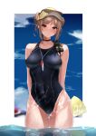  1girl absurdres alternate_costume arms_behind_back bangs bare_shoulders black_choker blue_sky blue_swimsuit blush breasts choker closed_mouth collarbone competition_swimsuit covered_navel double_bun eyewear_on_headwear feet_out_of_frame girls&#039;_frontline hair_bun highres light_brown_hair looking_at_viewer medium_breasts medium_hair on_water one-piece_swimsuit p90_(girls&#039;_frontline) red_eyes rynn_(rynn_cube) simple_background sky solo standing sunglasses swimsuit wet wet_clothes wet_face wet_swimsuit whistle whistle_around_neck yellow_headwear 