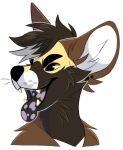 african_wild_dog anthro black_ear_piercing black_ear_stud black_eyebrows black_nose black_tongue brown_body brown_ears brown_fur brown_hair bust_portrait canid canine cheek_tuft dark_hair ear_piercing ear_stud eyebrows facial_tuft fur glistening glistening_eyes hair hi_res inner_ear_fluff male mammal multicolored_hair neck_tuft piercing portrait princelykaden purple_tongue simple_background solo spotted_tongue tongue tuft two_tone_hair white_background white_body white_fur white_hair white_inner_ear white_inner_ear_fluff yellow_body yellow_fur 