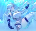  1girl absurdres android blue_hair breasts cyborg fingerless_gloves forehead_protector gloves highres kos-mos large_breasts long_hair negresco red_eyes solo thighs underwater very_long_hair water xenosaga 