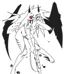  anthro black_and_white_and_red deceased_bunny_(artist) female gun horn lagomorph leporid mammal rabbit ranged_weapon red_eyes rifle solo thigh_gap weapon wings 