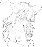  anthro areola bare_shoulders blush braided_hair braided_ponytail breasts canid canine chest_tuft clothed clothing digital_media_(artwork) felid feline female fur greyscale hair hawthorn kemono long_hair mammal monochrome nipples nude simple_background small_breasts solo spiral_eyes tuft tufted_ears undressing white_background 