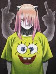  1girl black_background bombsahoy character_print closed_mouth elfen_lied grey_background highres horns long_hair looking_at_viewer lucy_(elfen_lied) middle_finger orange_eyes pale_skin pink_hair serious shiny shiny_hair shirt solo spongebob_squarepants spongebob_squarepants_(character) t-shirt upper_body yellow_shirt 