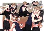  1boy 1girl apron arm_ribbon babigonice bare_shoulders barefoot black_hair blonde_hair blue_eyes blush carrying cloud_strife couple crop_top cuddling earrings english_text final_fantasy final_fantasy_vii final_fantasy_vii_advent_children heart hetero high_collar hug jewelry kiss kissing_cheek long_hair midriff midriff_peek multiple_views navel princess_carry red_eyes ribbon shirt shorts sitting sleeveless speech_bubble spiked_hair standing tifa_lockhart waist_apron 