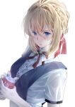  49762 absurdres blonde_hair blue_eyes blue_vest buttons closed_mouth cola collar collared_shirt gem green_gemstone hair_between_eyes hair_ribbon highres holding red_ribbon ribbon shirt short_sleeves smile vest violet_evergarden violet_evergarden_(series) white_background white_collar white_shirt 