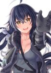  1girl :d ahoge arm_guards arm_up backlighting bag bangs between_breasts black_gloves black_jacket blush breasts cleavage commentary counter:side crossed_bangs dark_blue_hair dash_(counter:side) eyebrows_hidden_by_hair gloves glowing grey_shirt hair_between_eyes highres jacket large_breasts long_hair long_sleeves looking_at_viewer low_twintails open_clothes open_jacket open_mouth reaching_out shirt shoulder_bag smile snap-fit_buckle strap_between_breasts twintails very_long_hair water_drop yellow_eyes yokoshimahama 
