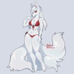  3_tails 4_toes 5_fingers absurd_res anthro artist_name big_breasts bikini black_nose breasts canid canine chest_tuft clothing digital_media_(artwork) feet female fingers fox fur hair hi_res jellyenvy looking_at_viewer mammal multi_tail navel orange_eyes red_bikini red_clothing simple_background smile solo swimwear toes tuft white_body white_fur white_hair 