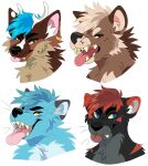  ambiguous_gender anthro black_body black_ears black_eyebrows black_fur black_nose blep blue_body blue_eyes blue_fur blue_hair blue_inner_ear blue_inner_ear_fluff brown_body brown_ears brown_eyes brown_fur canid cheek_tuft dipstick_ears ear_piercing ear_ring ear_stud eyebrows facial_tuft fangs fur glistening glistening_eyes glistening_hair gold_ear_ring gold_ring_piercing green_eyes green_teeth grey_body grey_ear_piercing grey_ear_stud grey_ears grey_fur hair headshot_portrait inner_ear_fluff looking_aside looking_at_viewer male mammal multicolored_ears multiple_images neck_tuft open_mouth piercing pink_inner_ear pink_tongue portrait princelykaden red_body red_ears red_fur red_hair red_tongue ring_piercing simple_background smile solo stud_piercing tan_body tan_eyebrows tan_fur tan_hair tan_inner_ear_fluff tongue tongue_out tuft white_antlers white_background white_inner_ear_fluff 