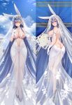  1girl :d absurdly_long_hair animal_ears ass azur_lane backless_dress backless_outfit bare_shoulders black_footwear blue_eyes blue_hair blush bouquet breasts breasts_out bridal_veil cleavage commentary_request dakimakura_(medium) dasoey dress fake_animal_ears flower gloves holding holding_bouquet long_hair looking_at_viewer multiple_views new_jersey_(azur_lane) new_jersey_(snow-white_ceremony)_(azur_lane) nipples official_alternate_costume rabbit_ears revealing_clothes rose see-through smile string string_of_fate veil very_long_hair wedding_dress white_dress white_flower white_gloves white_rose 