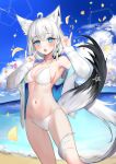  1girl :o absurdres ahoge animal_ear_fluff animal_ears armpits bare_shoulders beach bikini blue_eyes braid breasts chan&#039;nu cleavage double_fox_shadow_puppet fox_ears fox_girl fox_shadow_puppet fox_tail halter_top halterneck highres hololive jacket long_hair long_sleeves looking_at_viewer low_ponytail medium_breasts navel ocean off_shoulder open_clothes open_jacket open_mouth outdoors shirakami_fubuki solo stomach string_bikini swimsuit tail thighs very_long_hair virtual_youtuber water white_bikini white_hair white_jacket 