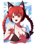  1girl animal_ears bikini black_bow blue_sky bow braid breasts cat_ears cloud day fangs hair_bow highres kaenbyou_rin long_hair multiple_tails nail_polish pepelonthi red_eyes red_hair red_nails sky solo swimsuit tail touhou twin_braids upper_body 