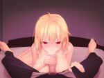  1boy 1girl arcueid_brunestud bangs bar_censor blonde_hair blush breasts censored clothed_male_nude_female collarbone erection fellatio handjob hetero highres jewelry kunabishi large_breasts looking_at_viewer necklace nude oral penis pov red_eyes short_hair solo_focus tsukihime 