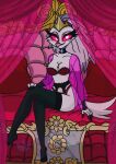  absurd_res anthro avian beak breasts crown demon detailed_background feathers female glowing glowing_eyes helluva_boss hi_res mature_female metalbelphegor pink_eyes sitting smile solo stella_(helluva_boss) thick_thighs white_body white_feathers 
