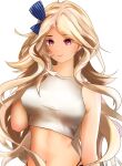  1girl azur_lane bangs beefusteku blonde_hair blue_ribbon breasts brooklyn_(azur_lane) closed_mouth crop_top hair_ribbon hand_in_own_hair highres lips long_hair looking_at_viewer medium_breasts midriff navel purple_eyes ribbon shirt smile solo upper_body white_background white_shirt 