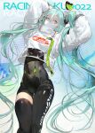  1girl absurdres aqua_eyes aqua_hair bangs black_bodysuit black_gloves black_thighhighs bodysuit bodysuit_under_clothes character_name clothes_writing commentary covered_navel crop_top dated_commentary feet_out_of_frame gloves goodsmile_racing green_gloves hair_between_eyes hatsune_miku high_collar highres long_hair long_sleeves looking_at_viewer mask mouth_mask nanase_miri puffy_long_sleeves puffy_sleeves racing_miku racing_miku_(2022) single_thighhigh skin_tight solo standing thigh_gap thighhighs twintails two-tone_gloves very_long_hair vocaloid 