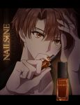  1boy absurdres bishounen collarbone hand_in_own_hair highres holding idolish_7 izumi_mitsuki looking_at_viewer male_focus nail_polish_bottle orange_eyes orange_hair orange_nails short_hair solo vintage_-g-o-a-_love 