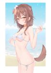  1girl animal_ears bangs beach bikini blush bone_earrings border braid breasts brown_eyes brown_hair closed_mouth cowboy_shot dog_ears dog_girl dog_tail earrings extra_ears flower hair_flower hair_ornament highres hololive inugami_korone jewelry long_hair looking_at_viewer medium_breasts navel side-tie_bikini solo standing swimsuit tail twin_braids virtual_youtuber white_bikini white_flower yellow_collar yuzukicture 