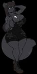  anthro areola areola_slip big_breasts black_body black_hair bone breasts cleavage clothed clothing collar domestic_cat felid feline felis female fluffy fluffy_tail goth hair hi_res huge_breasts long_hair mammal overalls overalls_only purple_eyes rosettes side_boob skidd skull skull_head solo thick_thighs 
