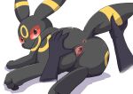  ambiguous_gender anus bodily_fluids disembodied_hand duo eeveelution female female/ambiguous feral genital_fluids genitals looking_at_viewer looking_back lying nintendo pok&eacute;mon pok&eacute;mon_(species) pussy pussy_juice rairarai raised_tail simple_background solo_focus spread_pussy spreading tail_grab umbreon uncensored video_games white_background 