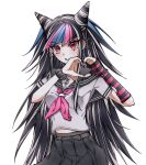  1girl :o asymmetrical_legwear bangs black_hair black_sailor_collar black_skirt blue_hair blunt_bangs danganronpa_(series) danganronpa_2:_goodbye_despair grey_background grey_shirt hair_horns heart heart_hands highres jewelry long_hair mioda_ibuki mismatched_legwear mouth_piercing multicolored_hair necklace piercing pink_eyes pink_hair sailor_collar school_uniform serafuku shirt simple_background sionronpa skirt solo torn_clothes torn_legwear white_hair 