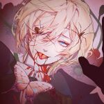  1boy alois_trancy bishounen blonde_hair blood blue_eyes bug butterfly diffraction_spikes earrings highres jewelry kuroshitsuji male_focus one_eye_covered otoko_no_ko ridaokousishui short_hair solo spider tongue tongue_out upper_body 