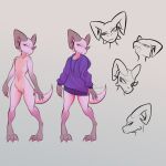  absurd_res anthro bottomless clothed clothed/nude clothing eyebrows female genitals hi_res horn jarnqk kobold lya_(jarnqk) model_sheet nude pussy raised_eyebrow solo standing sweater topwear 