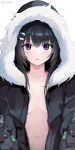 1girl absurdres arknights bangs black_coat black_hair blush breasts breasts_apart closed_mouth coat collarbone fur-trimmed_hood fur_trim hair_ornament hairclip highres hood hood_up hooded_coat la_pluma_(arknights) lips long_hair long_sleeves naked_coat navel no_bra open_clothes open_coat purple_eyes small_breasts smile solo unzipped upper_body y0ung 