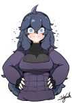  1girl @_@ absurdres ahoge alternate_breast_size bags_under_eyes black_dress blush dress hairband hands_on_hips hex_maniac_(pokemon) highres john_(a2556349) long_dress long_hair looking_at_viewer messy_hair pokemon pokemon_(game) pokemon_xy purple_hairband signature solo sweat 