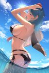  1girl absurdres arm_on_head arm_up black_swimsuit breasts byleth_(fire_emblem) byleth_(fire_emblem)_(female) byleth_(summer)_(fire_emblem)_(female) duplicate fire_emblem fire_emblem:_three_houses fire_emblem_heroes flower hair_ornament highres large_breasts medium_hair parupome pixel-perfect_duplicate purple_eyes sideboob sky solo swimsuit 