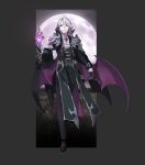  1boy absurdres arm_at_side armor baegbalbaegjung bat_wings black_footwear black_gloves black_pants brooch full_body gloves grey_background hand_up highres jewelry long_sleeves male_focus medium_hair original pants parted_lips pink_eyes shoes shoulder_armor solo white_hair wings 