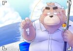  2022 anthro belly big_belly blush bodily_fluids brown_body clothing cloud fishing_rod hat headgear headwear humanoid_hands kemono male mammal outside overweight overweight_male solo sweat toshi_(artist) ursid water 
