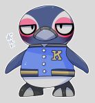  animal_crossing anthro avian beak bird blue_body blush clothing doneru flippers hi_res jacket japanese_text letter letterman_jacket looking_at_viewer nintendo penguin simple_background slightly_chubby solo tex_(animal_crossing) text topwear video_games 
