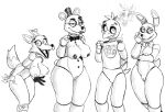  animatronic anthro areola avian bib big_breasts bird black_areola black_bow_tie black_lipstick black_nipples black_top_hat bodily_fluids bonnie_(fnaf) bow_tie breasts button_(fastener) canid canine chica_(fnaf) chicken clothing dipstick_tail ear_piercing ear_ring eitlac eyebrows eyelashes fangs female five_nights_at_freddy&#039;s flustered fox foxy_(fnaf) freddy_(fnaf) galliform gallus_(genus) genitals group hat headgear headwear lagomorph leporid lipstick looking_at_viewer machine makeup male mammal markings narrowed_eyes nipples phasianid piercing pussy rabbit ring_piercing robot scottgames simple_background smile sweat sweatdrop tail_markings thick_eyebrows thick_thighs top_hat ursid video_games white_background wide_hips 