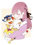  1girl animal_ears bangs bird black_ribbon braid brown_hair closed_mouth dashed_eyes dog ear_piercing hair_ribbon happy hug long_hair mikeneko_(utaite) multicolored_background niconico piercing pokemon pokemon_(creature) pokemon_(game) pokemon_swsh rabbit_ears ribbon rookidee sakana_(saka11205) scorbunny simple_background sweater white_background yamper yellow_background 