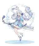  1girl absurdres baegbalbaegjung bangs blue_dress blue_eyes dress floating floating_hair folding_fan grey_hair hand_fan highres long_hair looking_at_viewer low_twintails open_mouth original oversized_object shoes short_dress sidelocks smile solo twintails white_background 