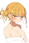  1girl blonde_hair boku_no_hero_academia breasts cleavage highres looking_at_viewer medium_breasts mole mole_on_breast rasusurasu short_hair simple_background solo toga_himiko upper_body white_background 