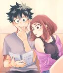  1boy 1girl :o black_tank_top boku_no_hero_academia brown_eyes brown_hair freckles green_eyes green_hair grey_shirt highres holding holding_notebook looking_at_object midoriya_izuku multiple_scars notebook pink_shirt reading scar scar_on_arm scar_on_hand shirt short_hair sidelocks sitting tabetai_omochi tank_top uraraka_ochako 