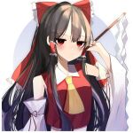  1girl ascot black_hair bow commentary_request detached_sleeves expressionless gohei hair_bow hakurei_reimu long_hair long_sleeves red_bow red_eyes red_vest shion_343 solo symbol-shaped_pupils touhou upper_body vest wide_sleeves yellow_ascot 