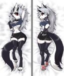  anthro bedroom_eyes black_body black_fur breasts butt butt_grab canid canid_demon centinel303 clothed clothing collar dakimakura_design demon ear_piercing eyebrow_piercing facial_piercing female fur grey_body grey_fur grey_hair hair hand_on_butt hellhound helluva_boss legwear looking_at_viewer looking_back looking_back_at_viewer loona_(helluva_boss) lying mammal multicolored_body multicolored_fur narrowed_eyes navel on_back on_front pawpads paws piercing red_sclera seductive smile smiling_at_viewer solo spiked_collar spikes tongue tongue_out under_boob white_body white_fur 