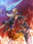 2boys abs beard black_gloves black_hair blonde_hair facial_hair father_and_son fighting final_fantasy final_fantasy_x fire gauntlets gloves glowing glowing_sword glowing_weapon headband highres hood jecht jewelry multiple_boys necklace nexeee open_mouth parent_and_child shorts single_gauntlet suspenders sword tattoo tidus water weapon 