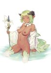 1girl animal_ears bell bigrbear black_horns breasts choker cleft_of_venus commentary_request cow_ears cowbell dark-skinned_female dark_skin frilled_choker frills green_hair green_thighhighs highres holding holding_staff horns long_hair looking_at_viewer medium_breasts navel neck_bell nipples original simple_background smile solo staff tail thighhighs uncensored white_background white_choker yellow_eyes 